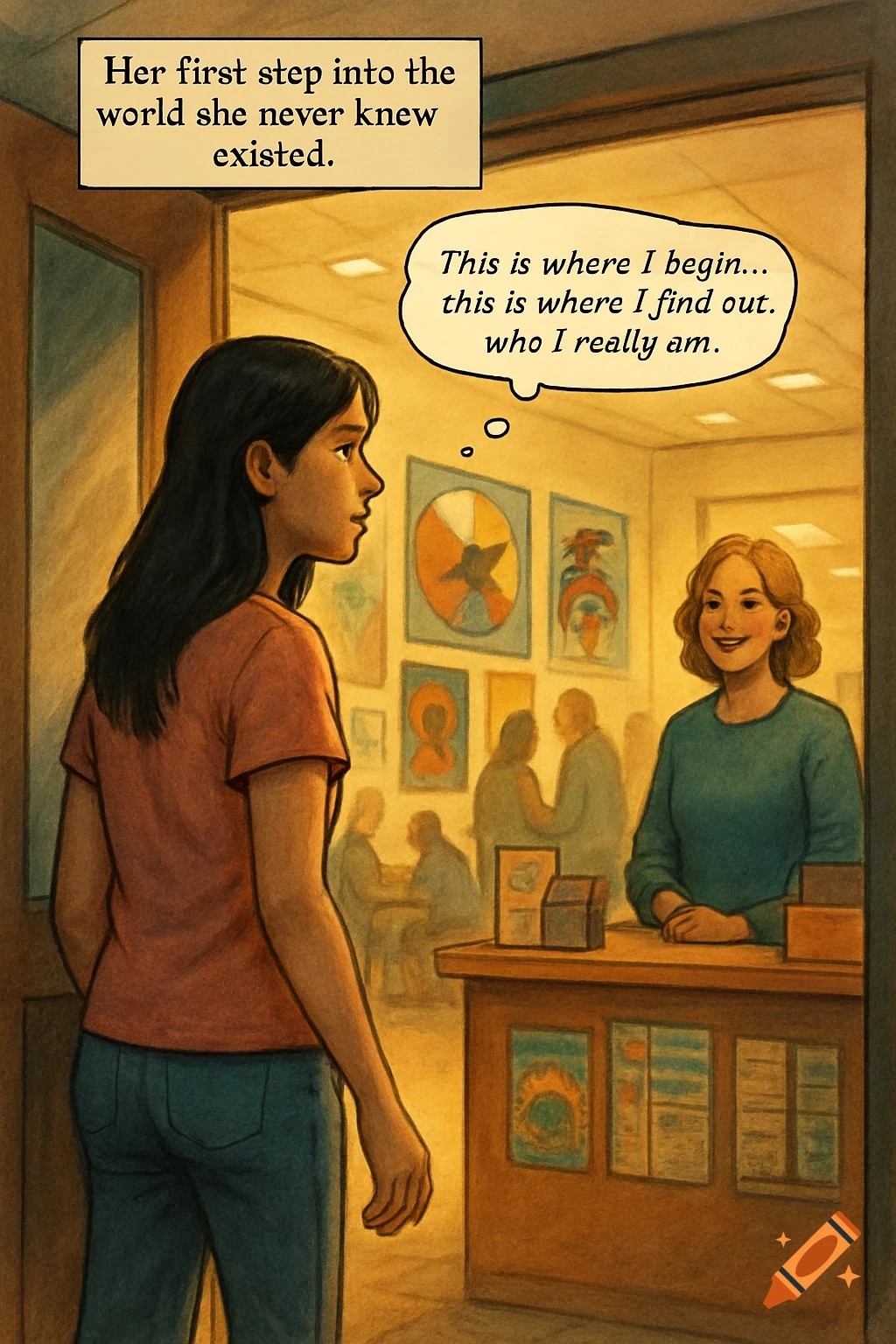 Comic art of a person entering a community center. Text boxes read 'Her first step into the world...' and 'This is where I begin...'