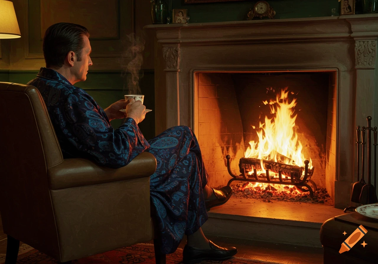 A man in a paisley robe sits in a chair by a roaring fireplace, holding a cup.