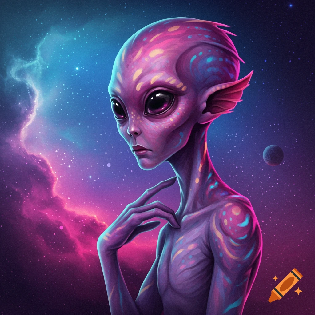 Purple alien with large eyes in space with cosmic background