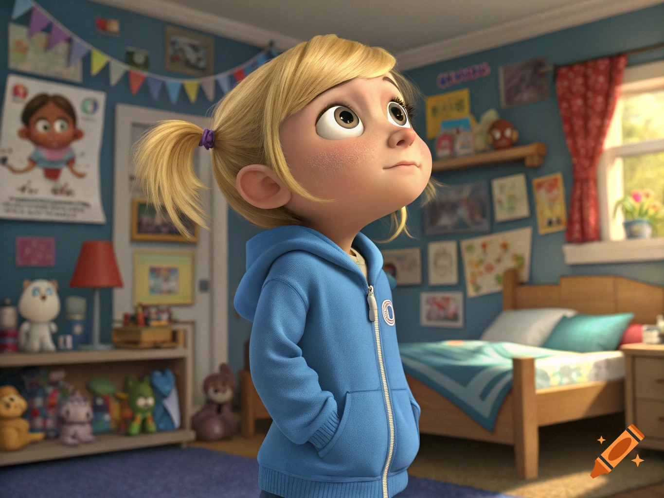 Animated girl with pigtails in blue hoodie looking up in a messy bedroom