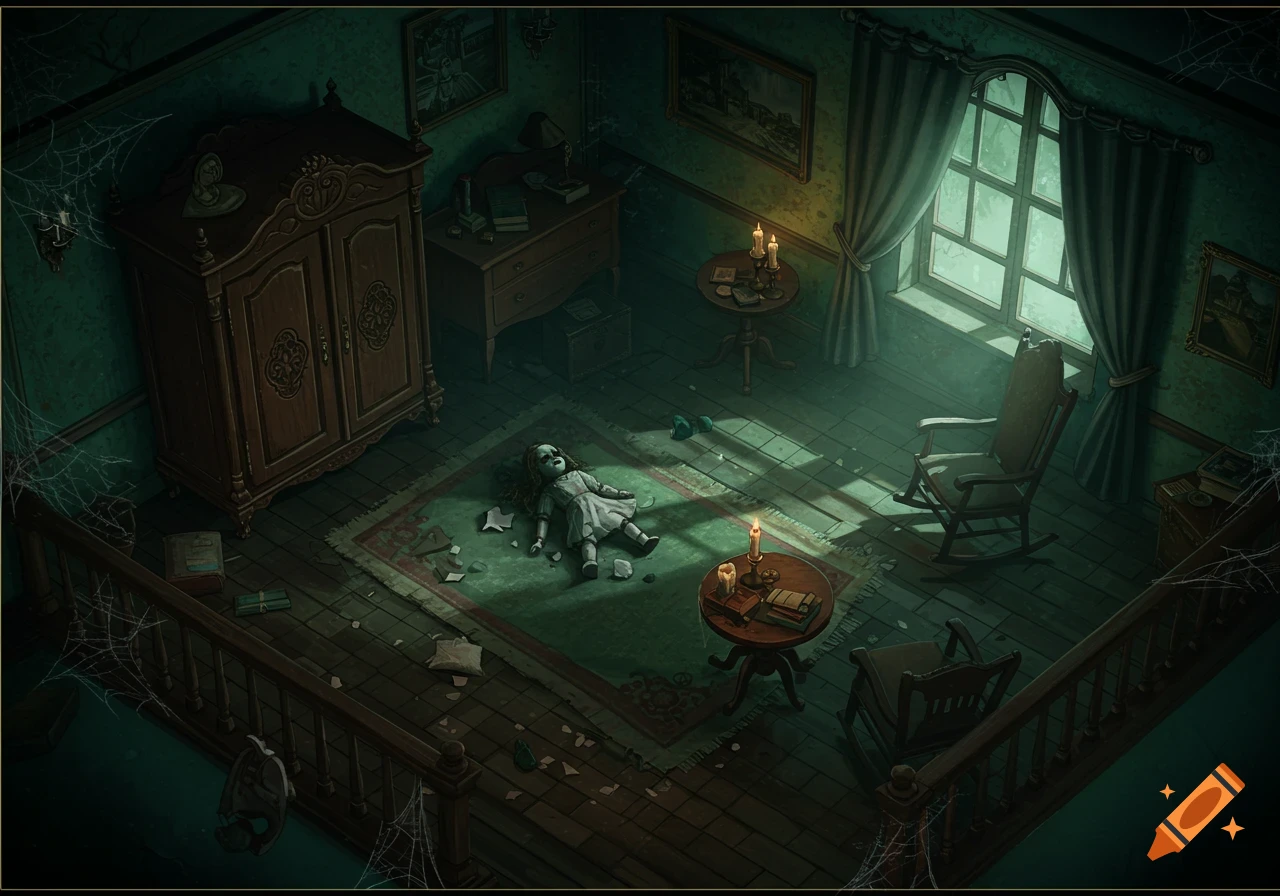 Top-down view of a spooky room with a doll on the floor, old furniture, spider webs, and candlelight.