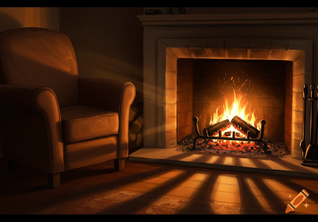 Cozy armchair next to a fireplace with a roaring fire, digital painting.