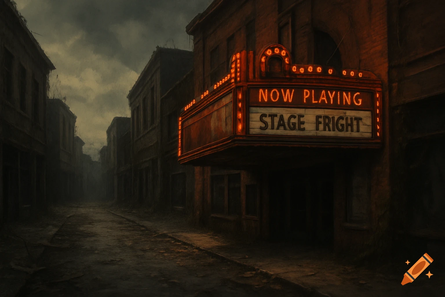 Abandoned street scene with a theater marquee reading 'NOW PLAYING STAGE FRIGHT'.