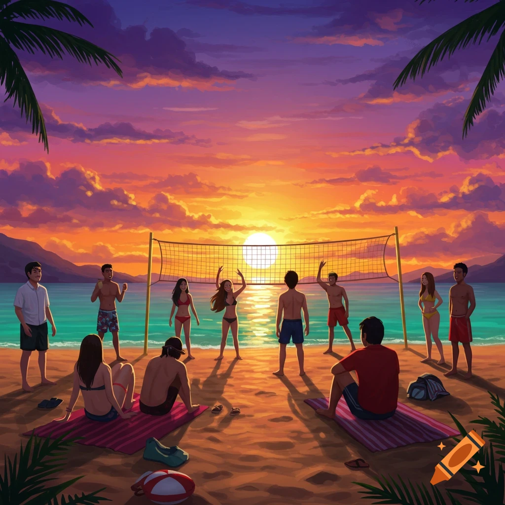 Illustration of people playing volleyball on a beach at sunset.