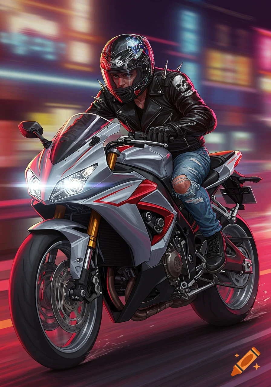 A biker rides a silver and red sports bike at night, wearing a black leather jacket with spikes and skull patch, and a helmet.
