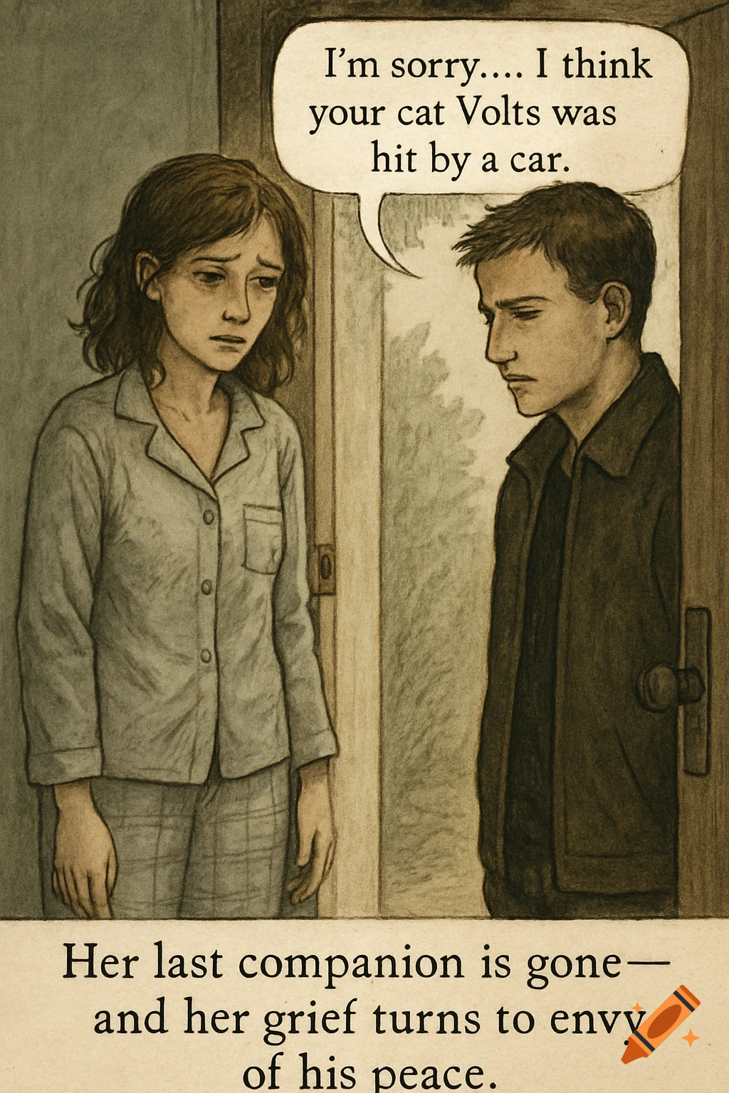 A woman in pajamas stands by a door, looking sad. A man stands opposite, speaking from a bubble. Caption below. Illustration style.