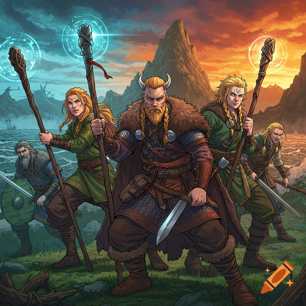 Anime style illustration of several vikings with staffs and swords in a coastal fantasy landscape.