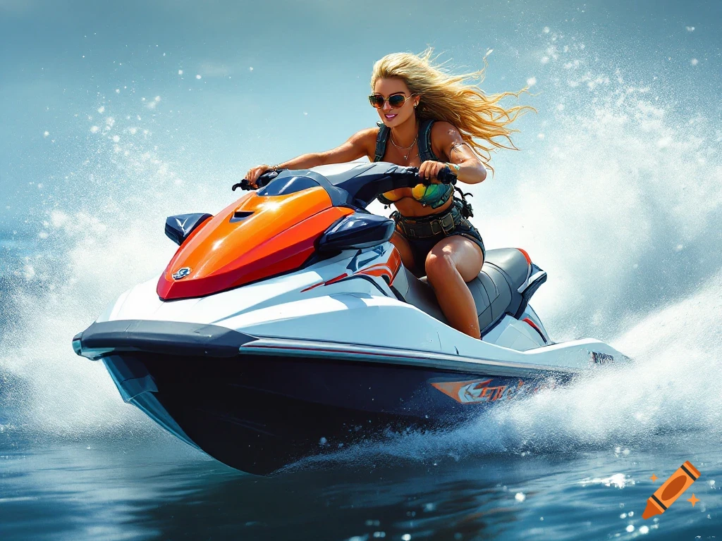 Photorealistic image of a woman riding a jet ski on the water.
