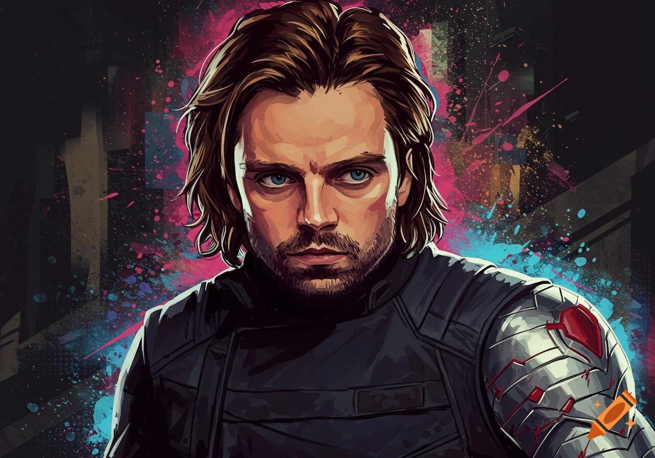 Stylized portrait of Bucky Barnes with a colorful splatter background.