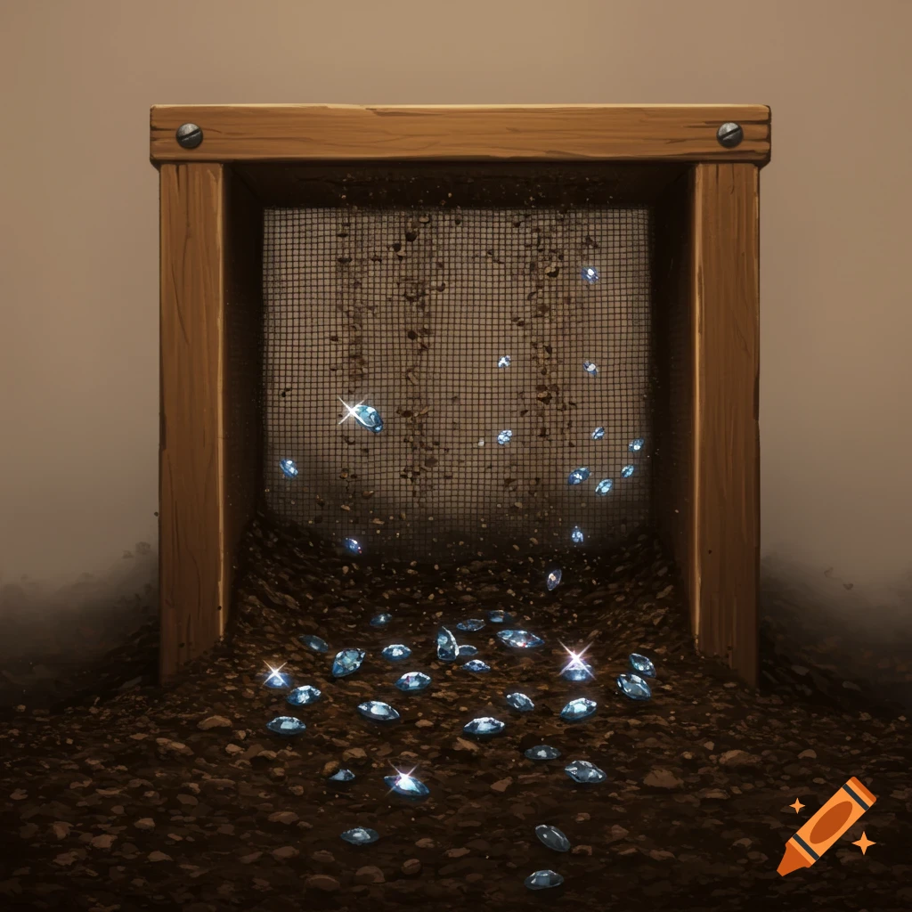 A wooden sieve sifts dirt, revealing tiny diamonds