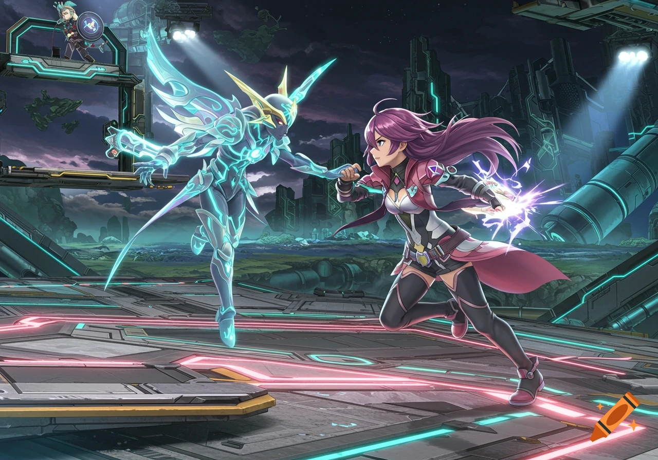 Anime style characters fighting on a sci-fi arena stage.