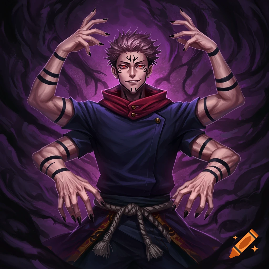 Illustration of Sukana from Jujutsu Kaisen with multiple arms, facial markings, and red eyes against a dark background.