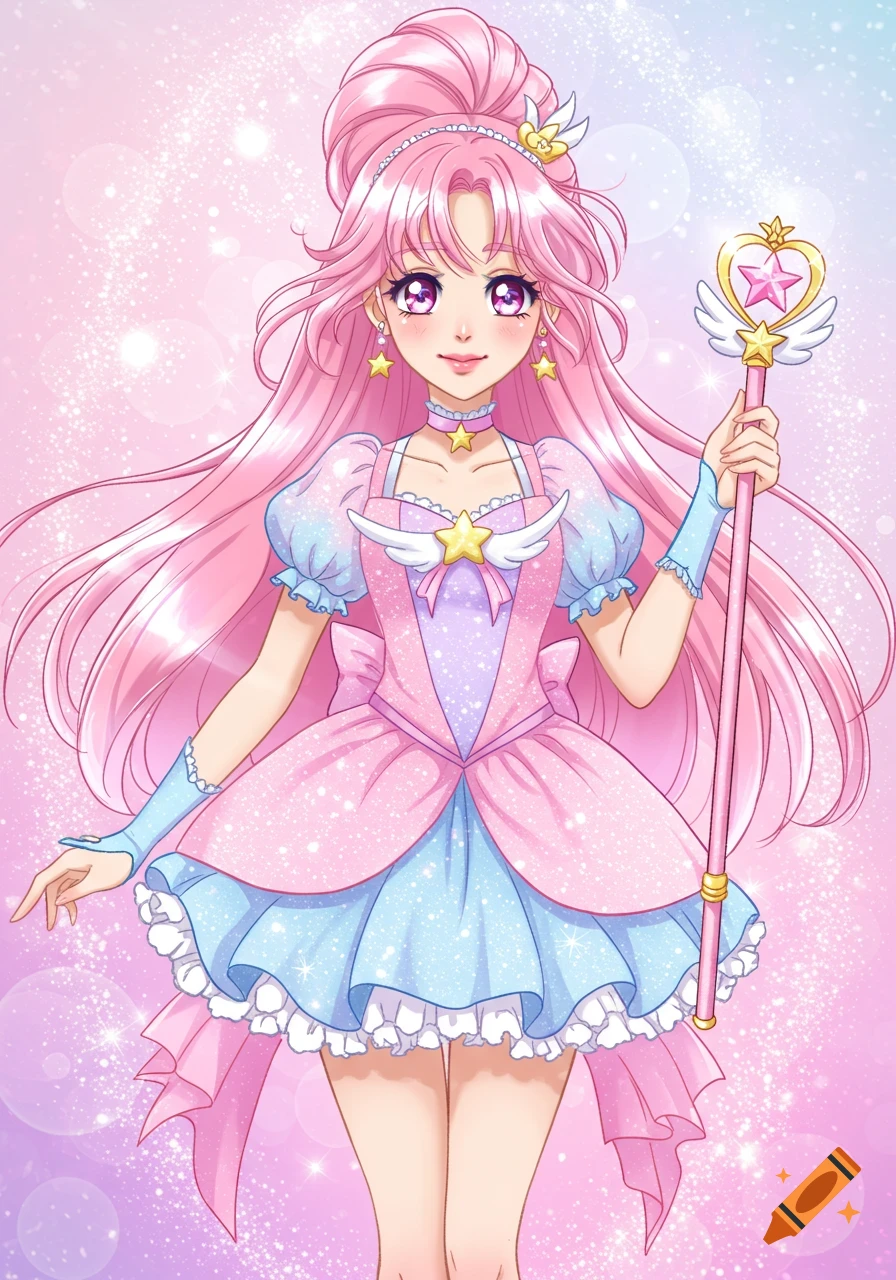 Anime illustration of a magical girl with pink hair in a sparkly pink and blue dress holding a star staff.