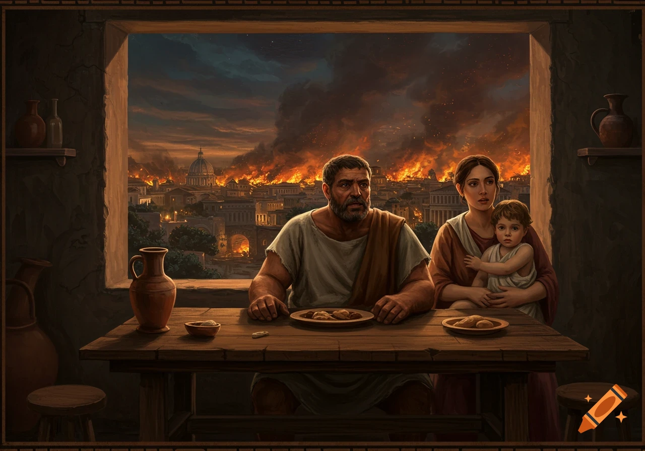 A Roman family sits at a table inside a building, looking out at a city burning in the background.