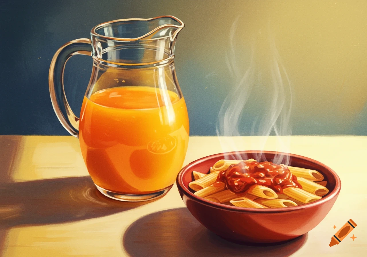 A pitcher of orange juice next to a steaming bowl of pasta with sauce, illustration style.