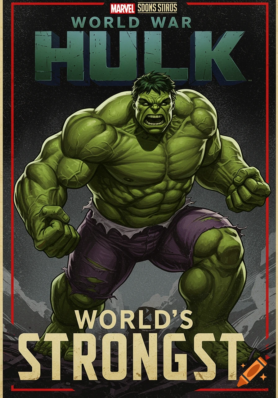 Poster of World War Hulk in a dynamic pose, with text.