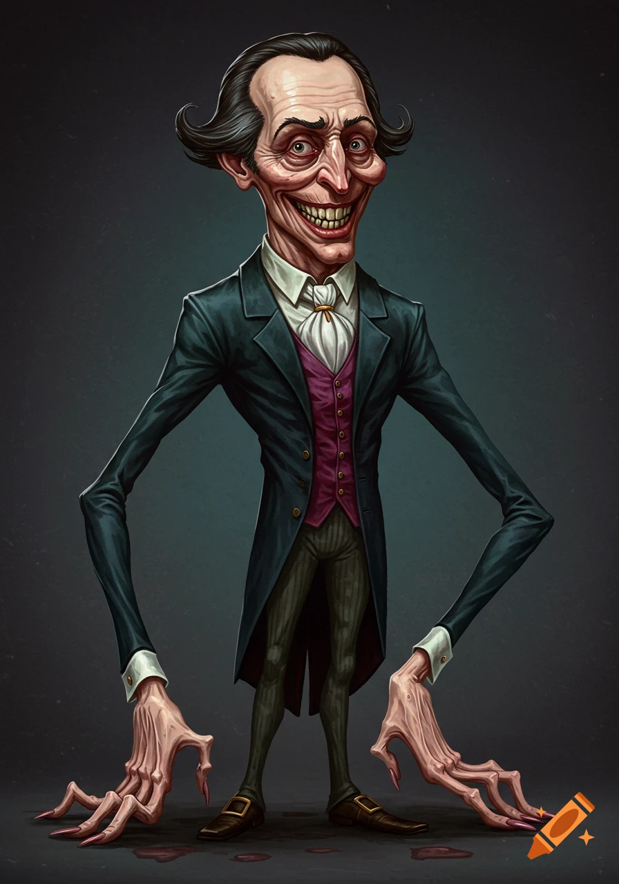 Stylized creepy man in a tailcoat with long, spindly arms and fingers.