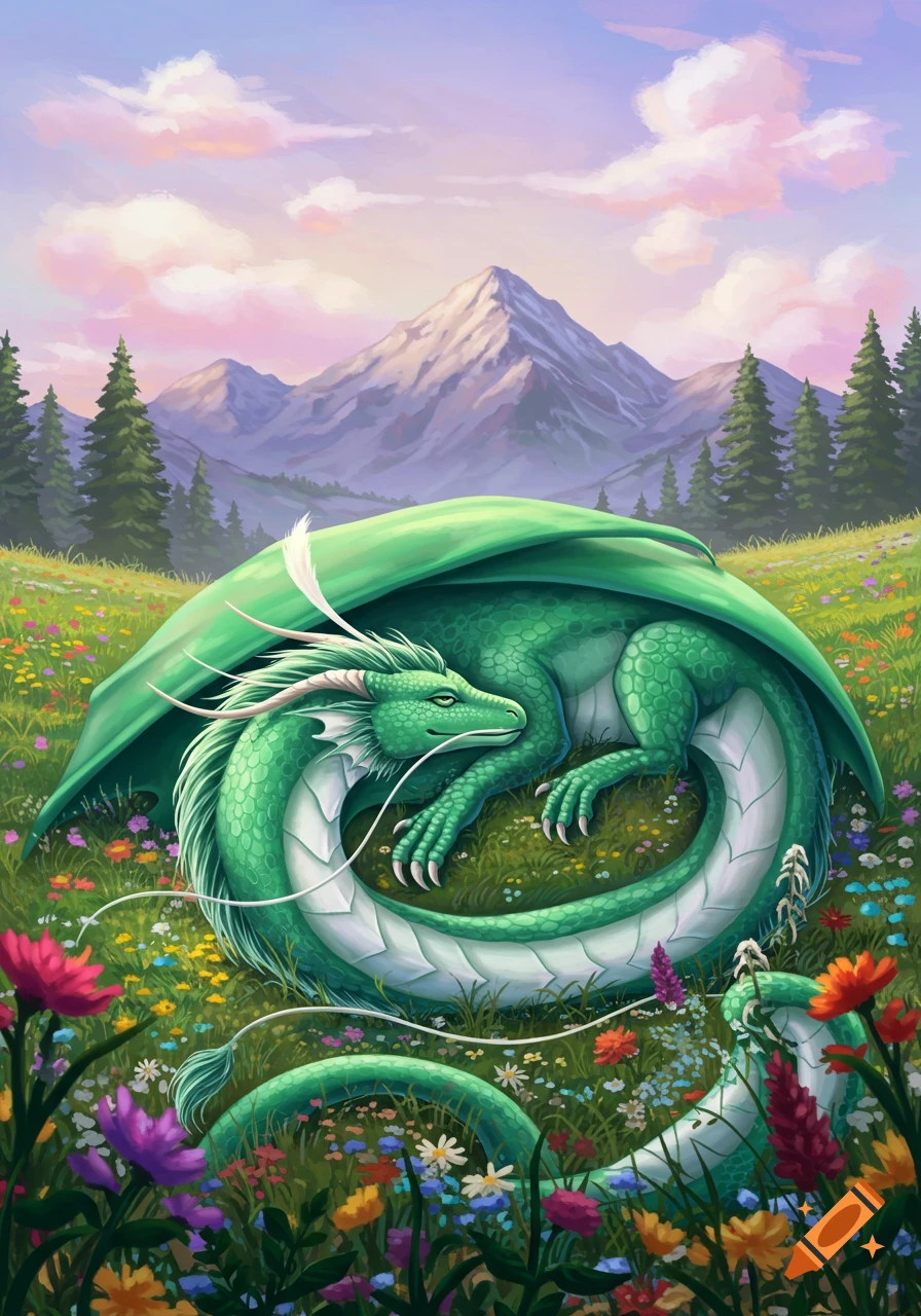 A green dragon sleeps curled up in a field of colorful flowers with mountains in the background.