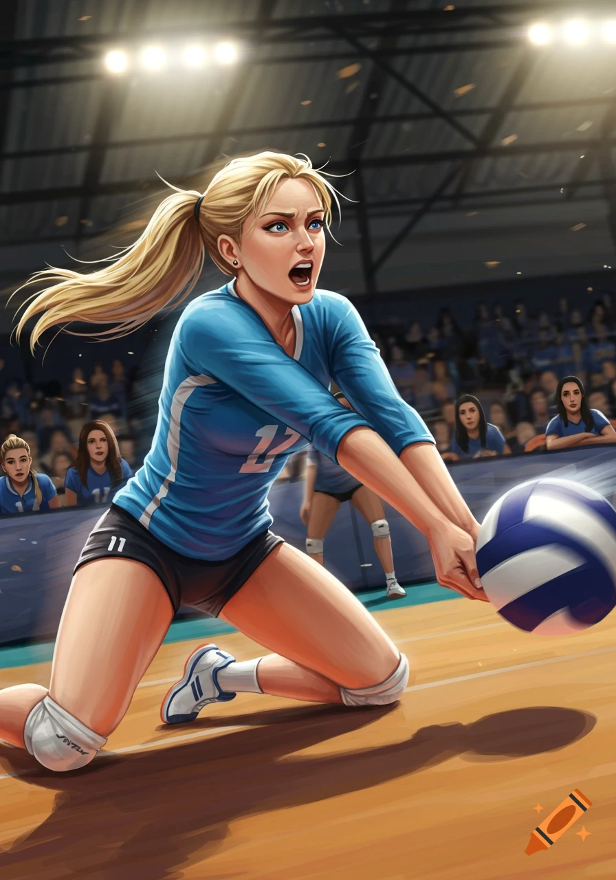 Illustrated female volleyball player in blue jersey digging a ball during a game.