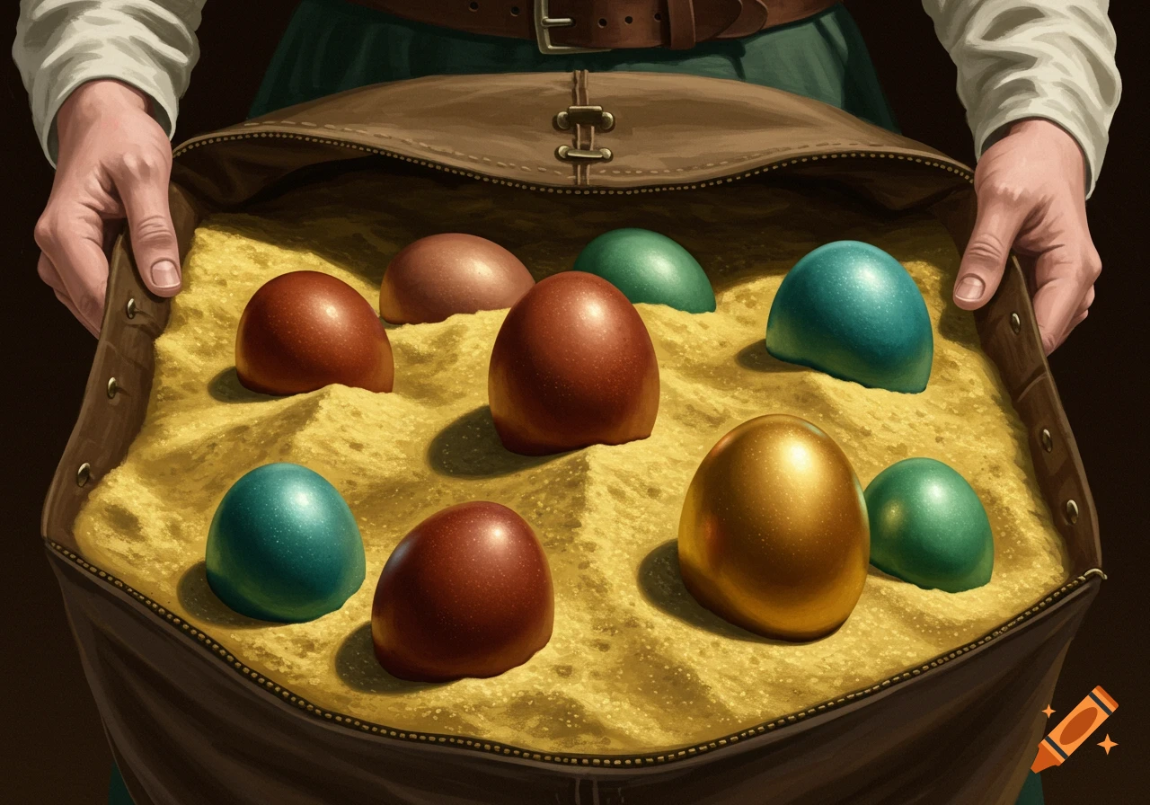 Hands holding a medieval satchel filled with colorful, metallic, and golden eggs half-buried in sand.