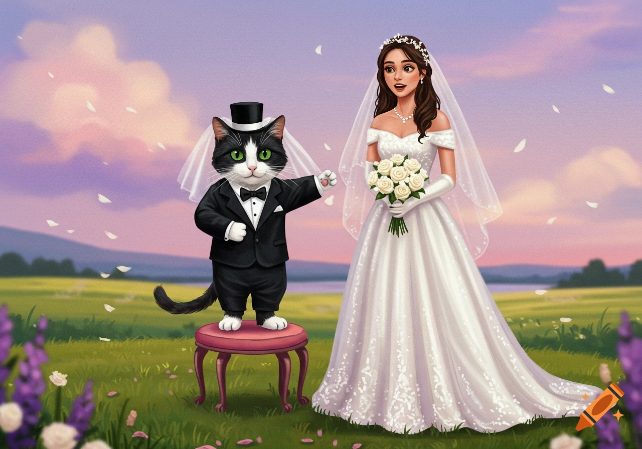 Tuxedo cat and woman in wedding dress stand in field with falling petals.