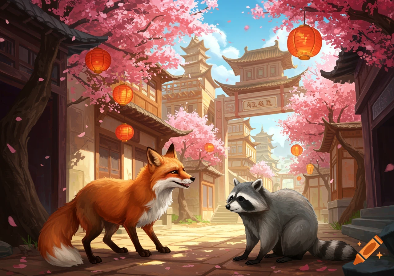 A fox and raccoon stand in a street in a Chinese village lined with cherry blossom trees and buildings.