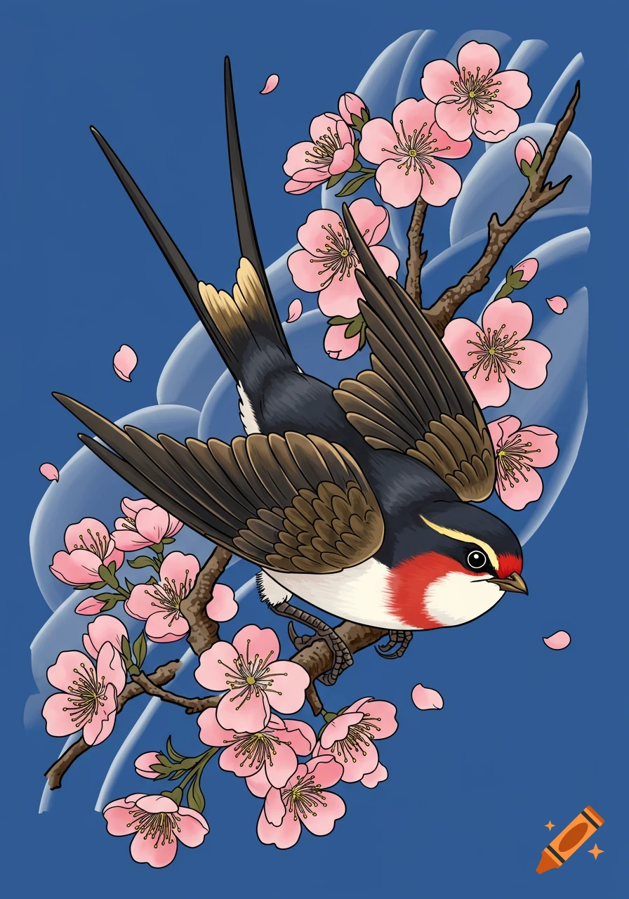 A swallow perched on a branch with pink cherry blossoms in a Japanese tattoo style illustration.