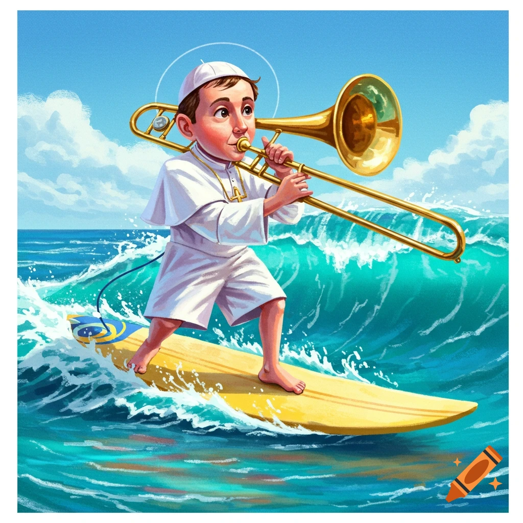A cartoon illustration of a young pope surfing on a wave while playing a trombone.