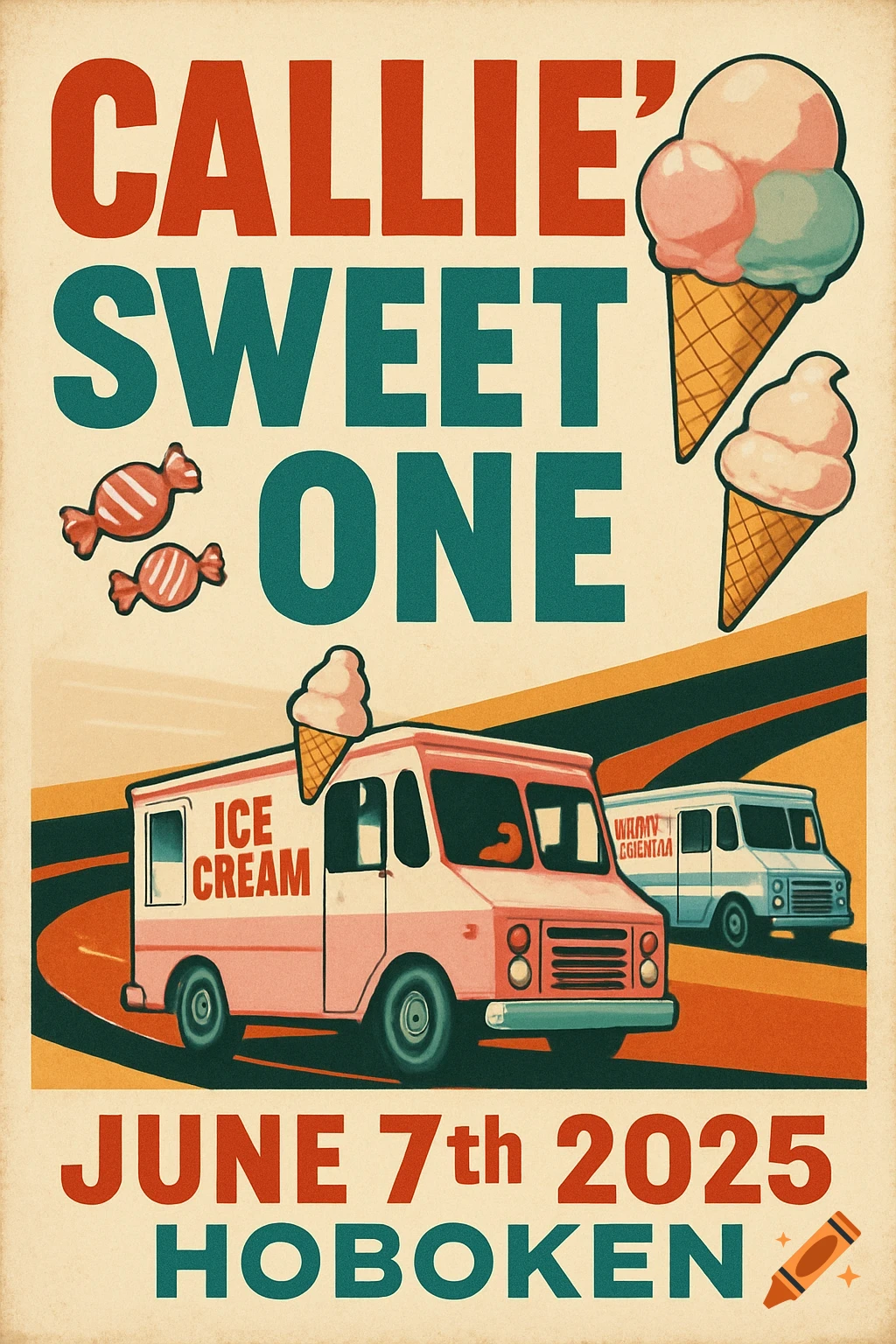 Vintage style poster for Callie's Sweet One birthday party with ice cream cones, candy, and ice cream trucks.