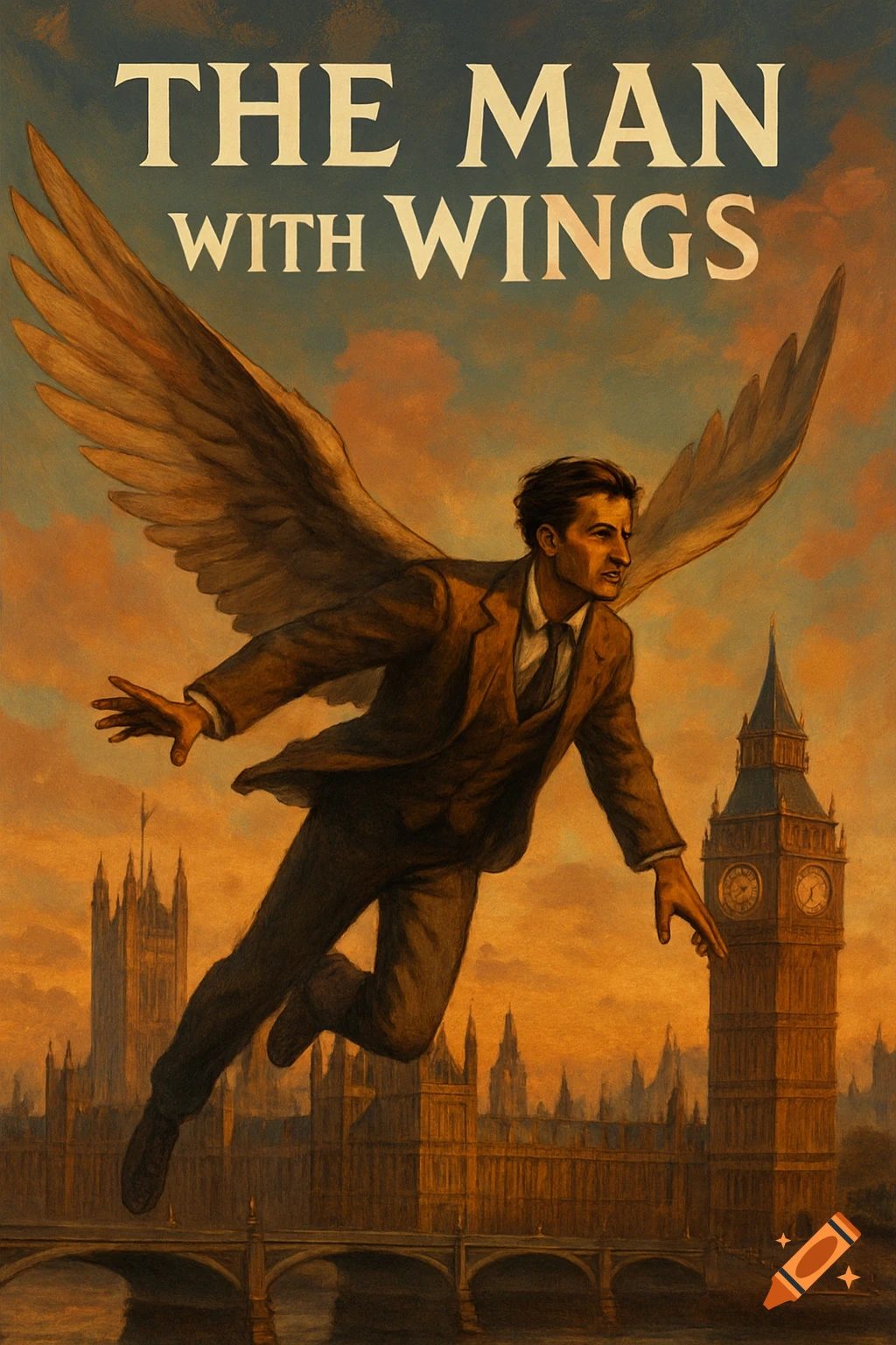 A man with large wings flies over London's Houses of Parliament in a painterly style. Text title reads: THE MAN WITH WINGS.