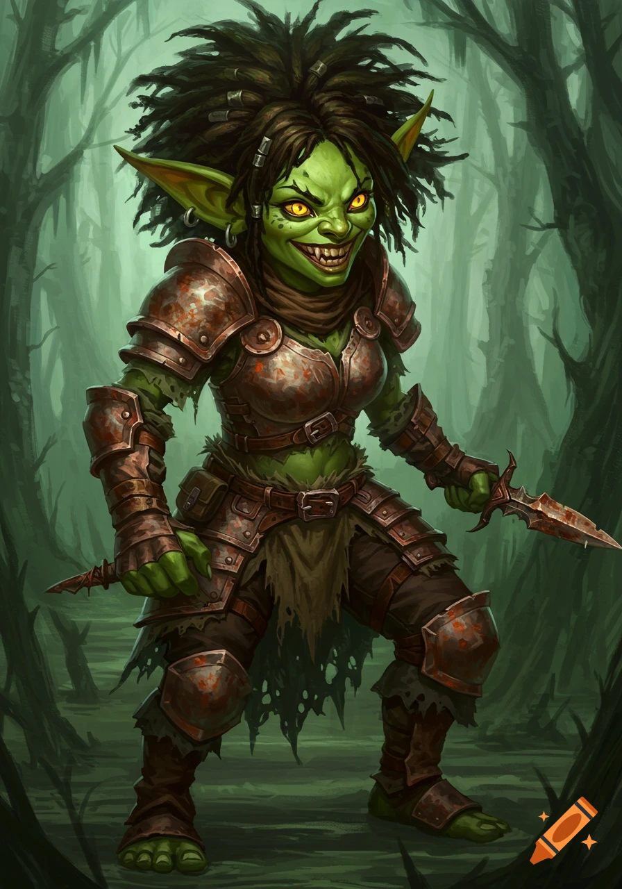 Female goblin warrior in rusty armor holding daggers in a dark forest.