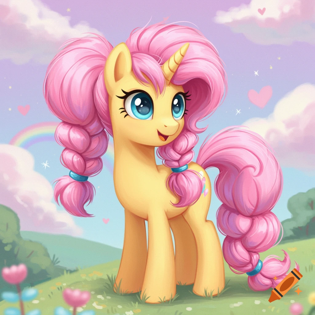 A yellow cartoon unicorn with pink braided hair stands in a field with flowers and a rainbow.