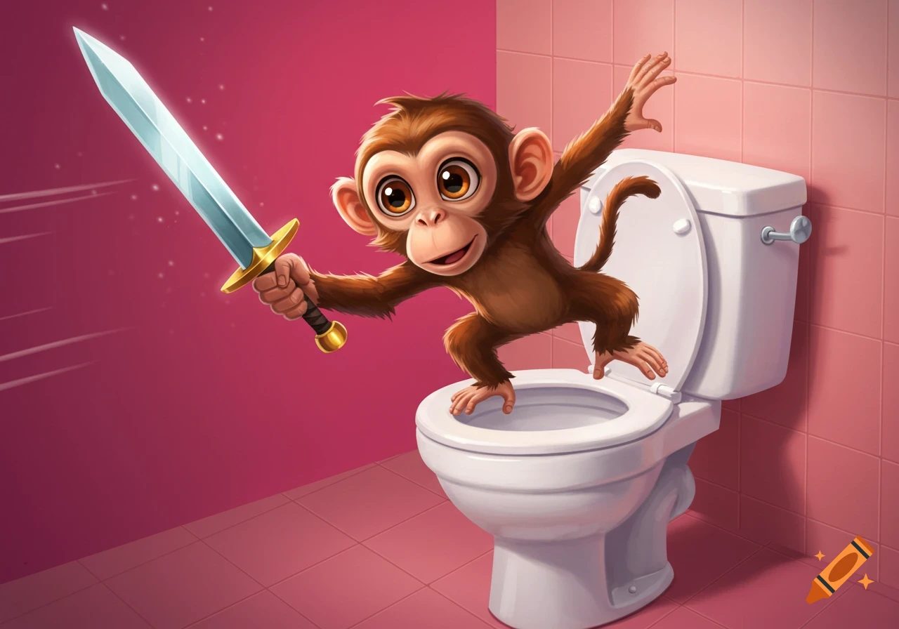 A cartoon monkey holding a sword stands on a toilet in a pink room.