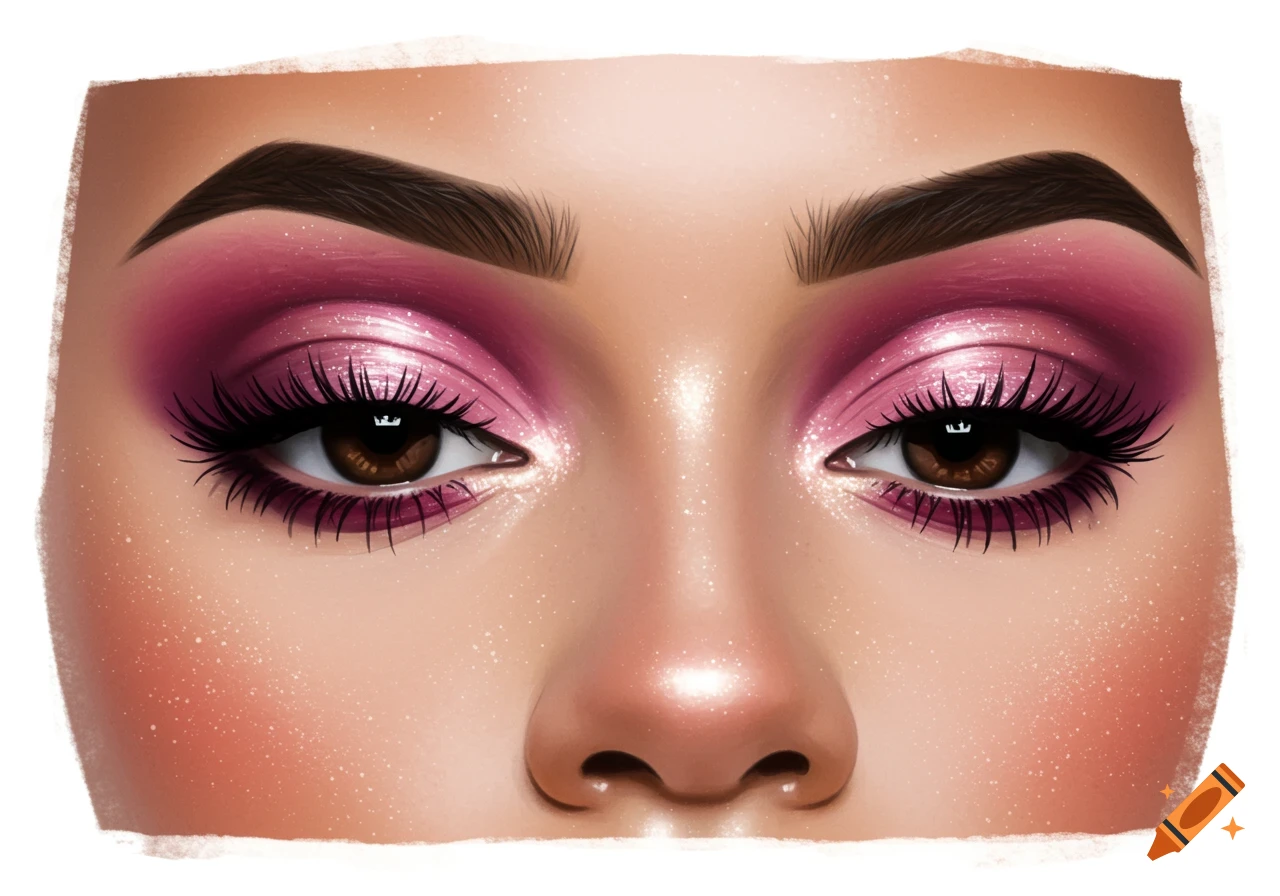 Close-up digital painting of eyes with sparkly pink and purple makeup.