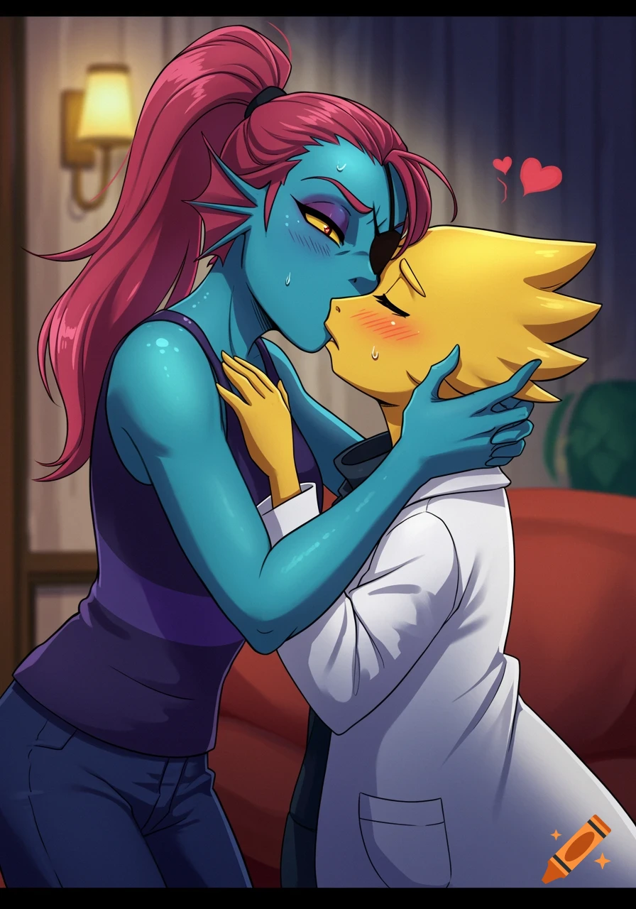 Anime drawing of Undertale characters Undyne and Alphys kissing