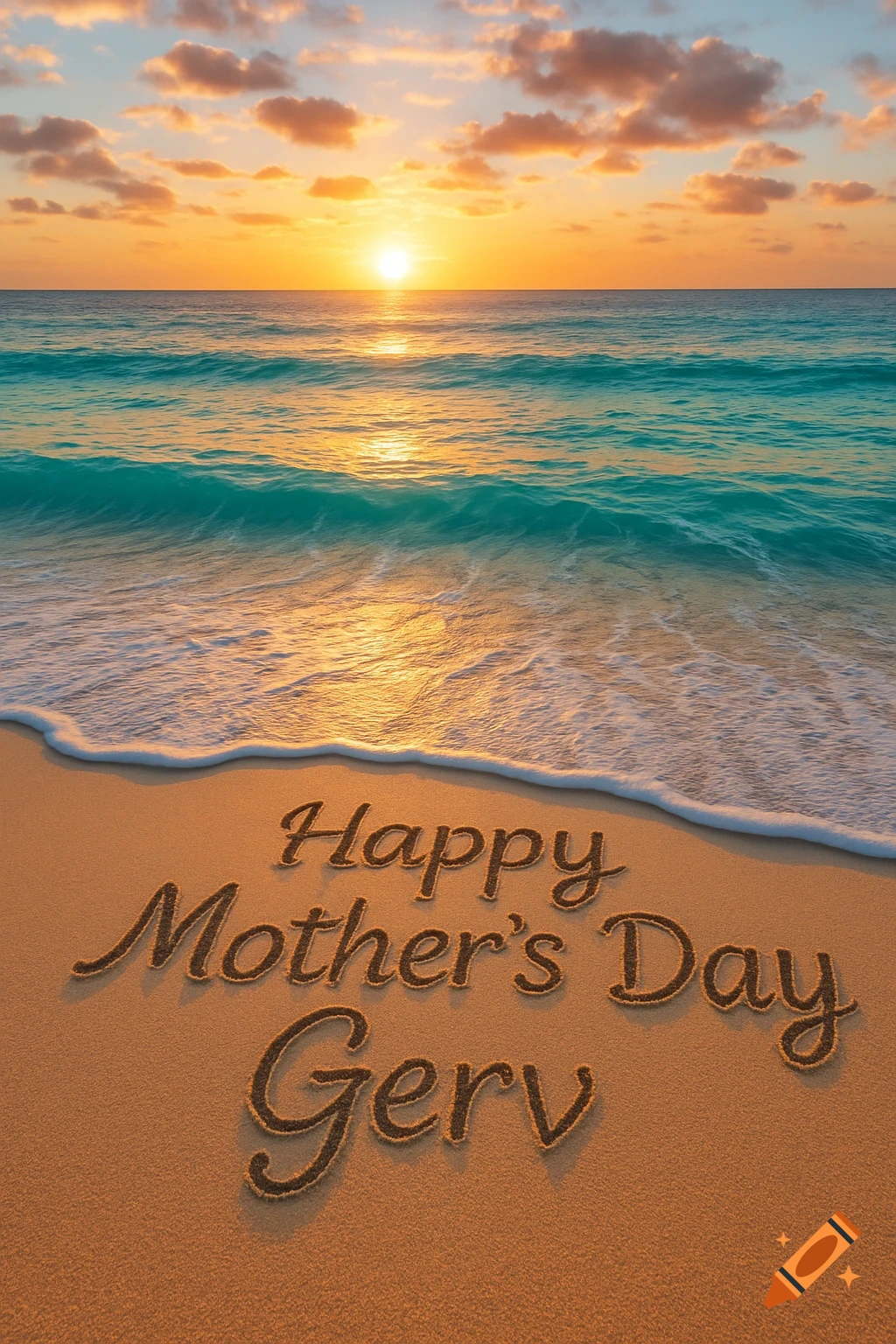 Sunrise beach scene with "Happy Mother's Day Gerv" written in the sand.