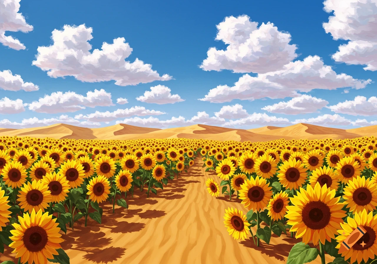 Painting of a vast field of sunflowers in a desert landscape under a blue sky with clouds.