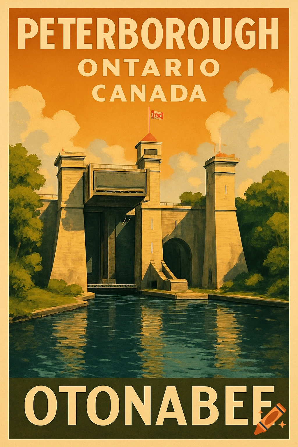 Vintage travel poster of the Peterborough Lift Lock on the Otonabee River, Ontario, Canada. Painted style.