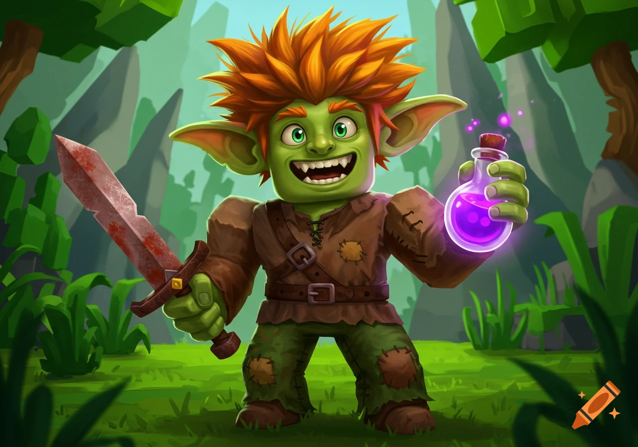 Cartoon fantasy goblin holding a sword and a purple potion in a forest