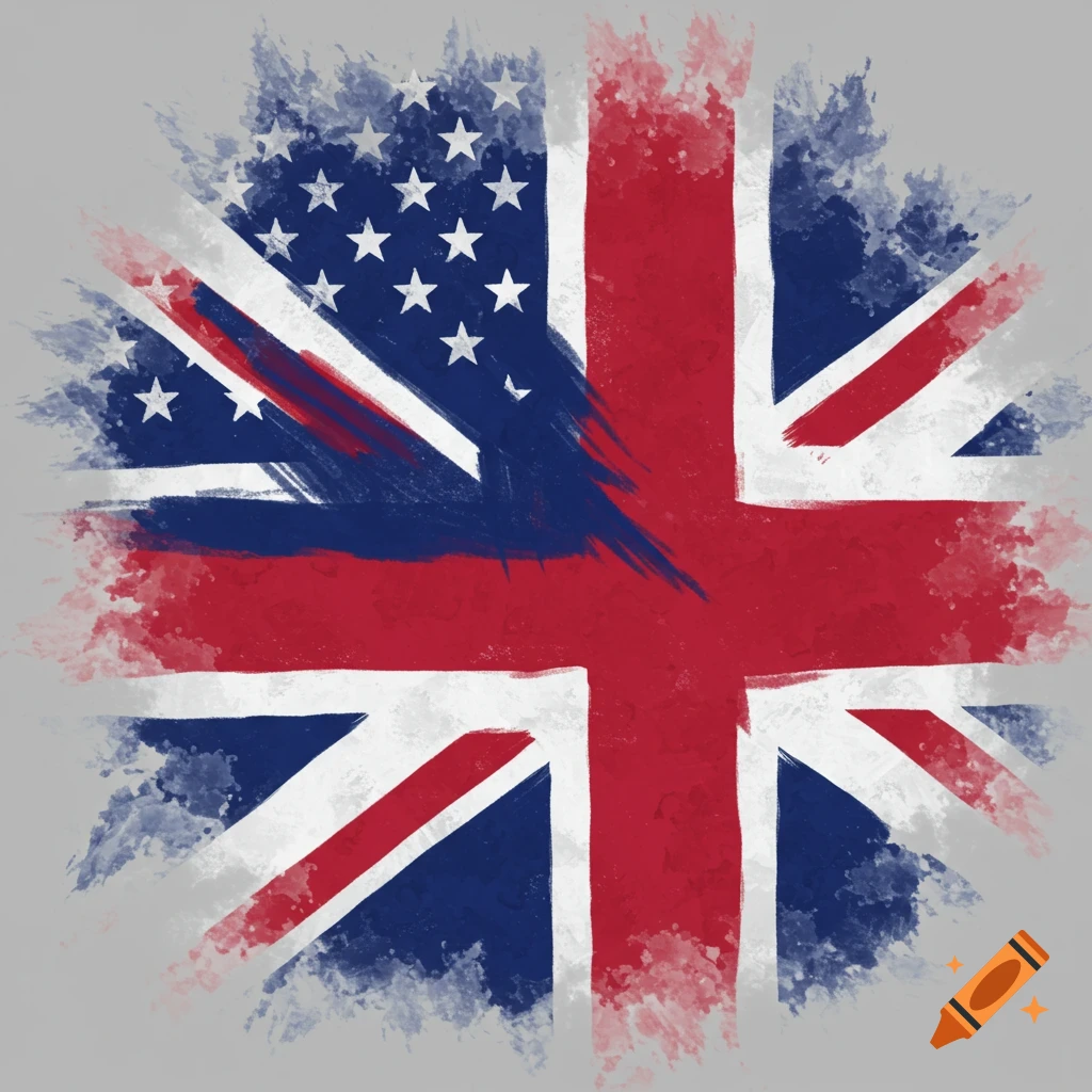 A brushstroke painting combining the American flag and the UK flag.