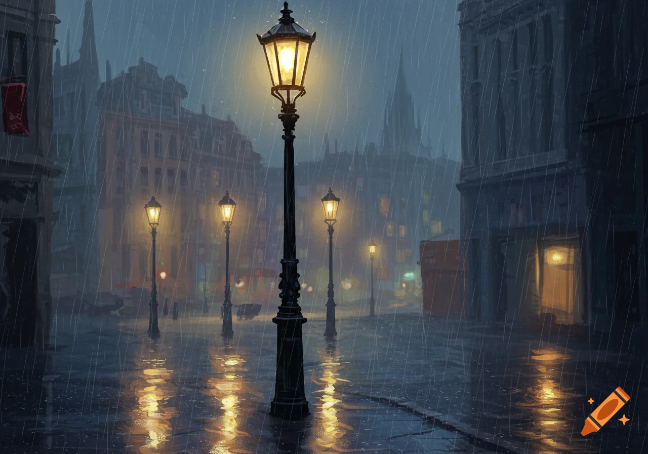 Rainy street at night with lampposts reflecting on wet pavement.