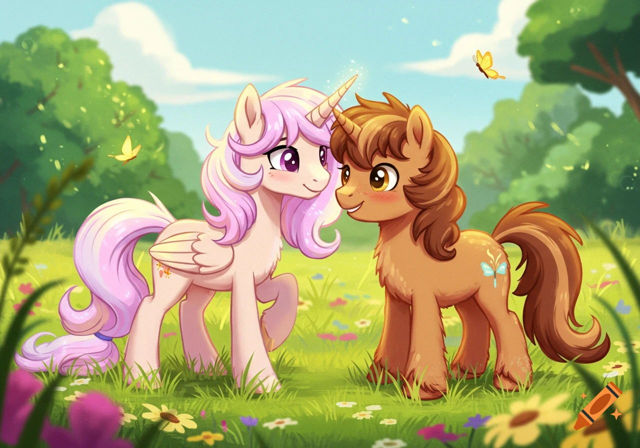 Two cartoon ponies, one pink unicorn with wings and one brown earth pony with a horn, stand in a grassy field with flowers and butterflies.
