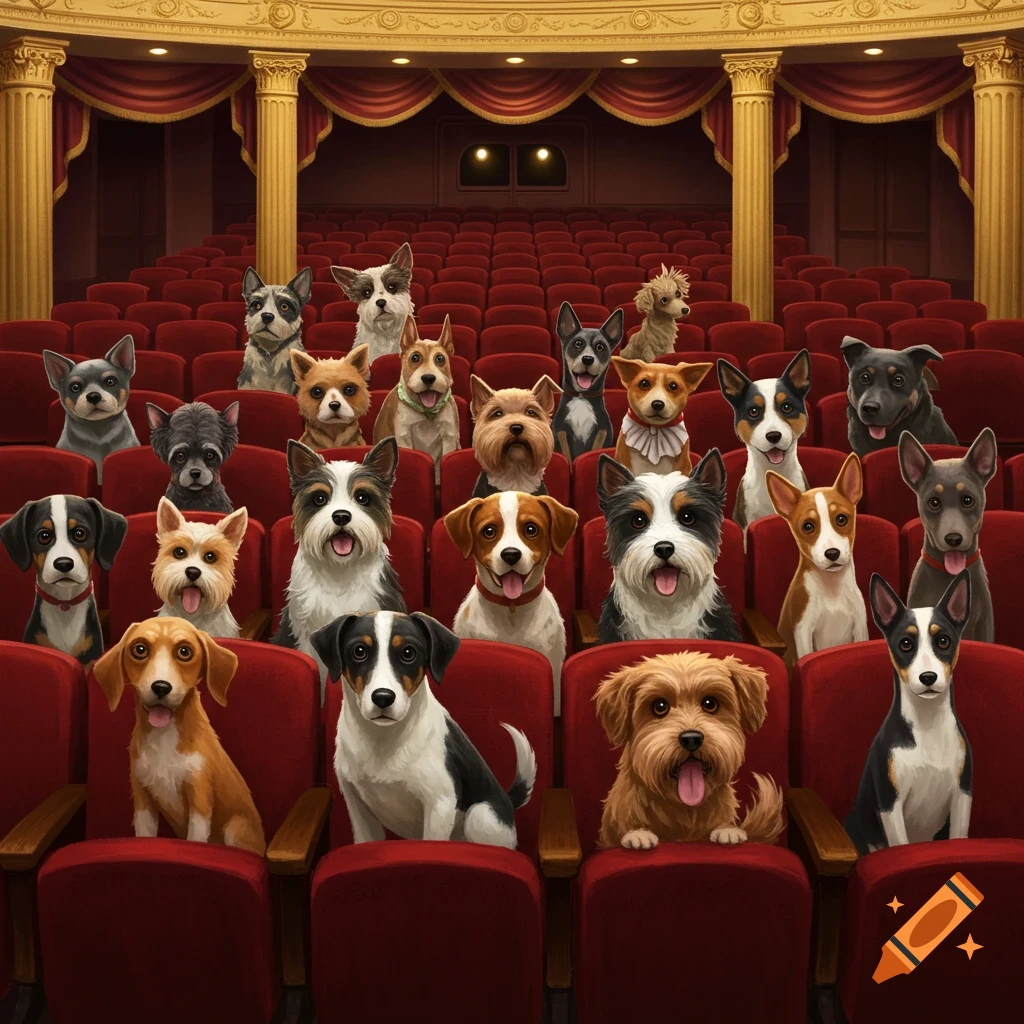 Dogs sitting in red velvet seats in a theatre audience.