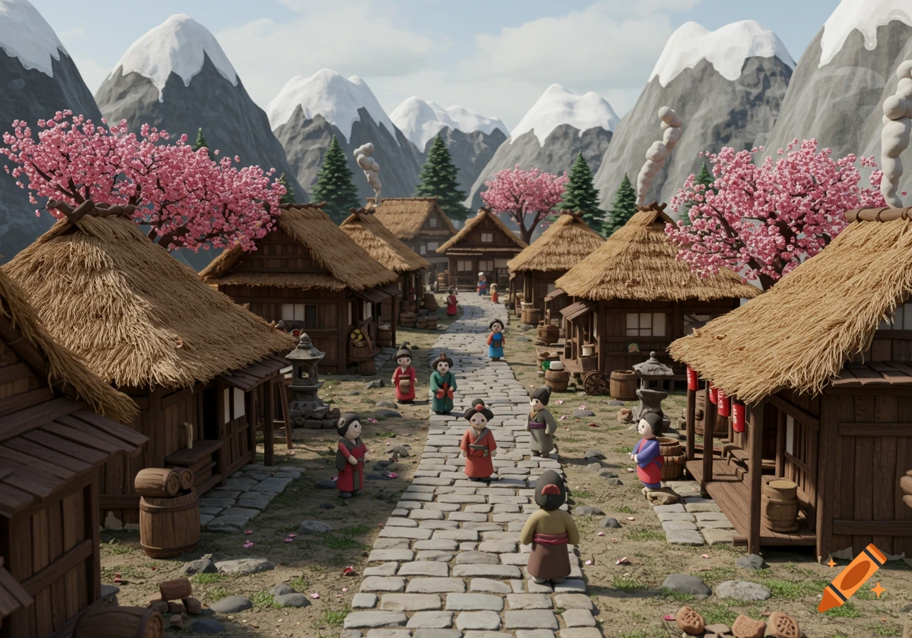 Claymation style feudal Japanese village with figures, mountains, and cherry trees