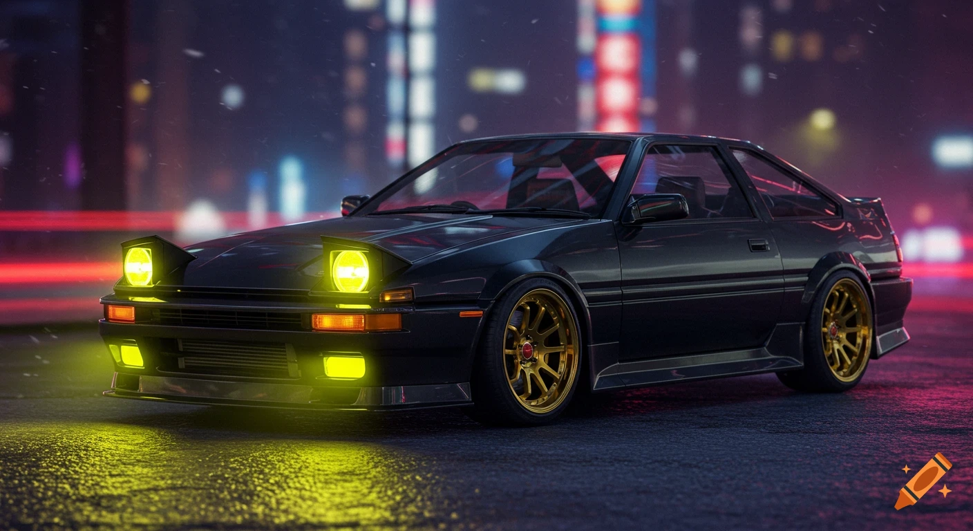 A dark car with pop-up headlights and gold wheels parked on a wet street at night.
