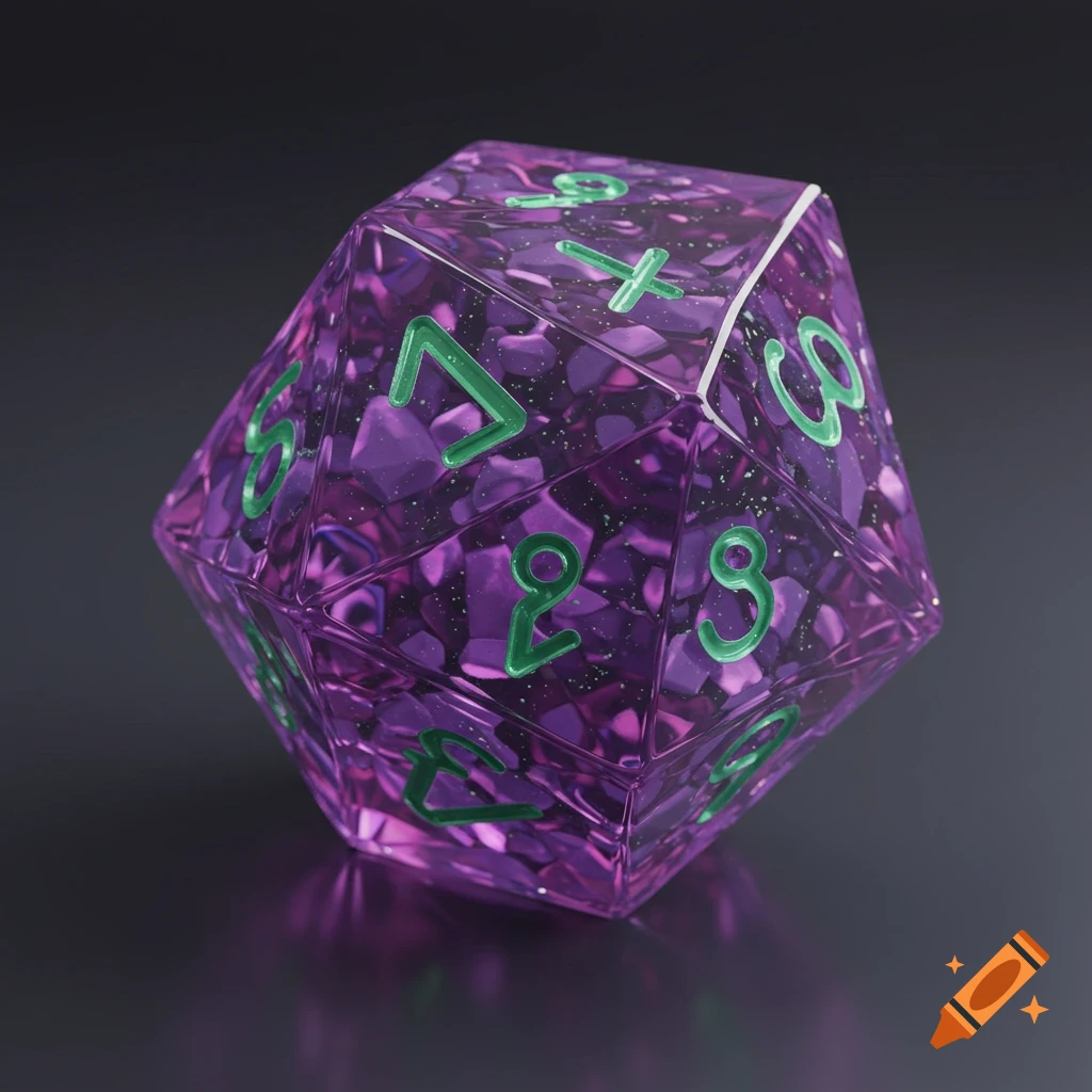A close-up of a large, purple, translucent 20-sided die filled with purple glitter and green numbers.
