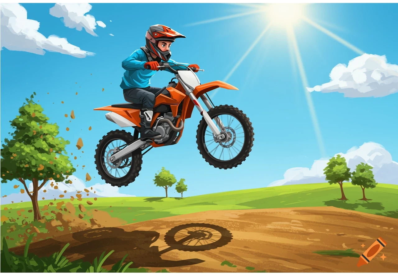 Cartoon illustration of a boy on an orange dirt bike jumping over a hill on a sunny day.
