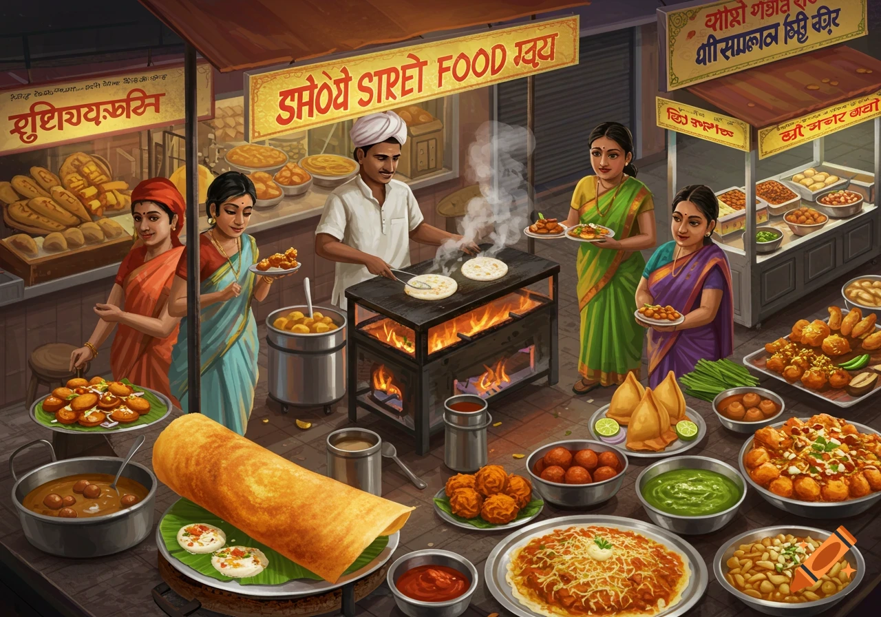 Illustration of an Indian street food scene with vendors and customers, showing various dishes like dosa, samosas, and snacks.