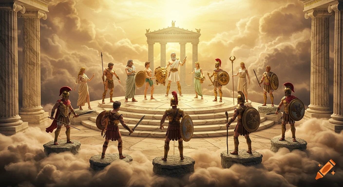 A highly detailed diorama of Greek gods and heroes in a grand assembly on Mount Olympus.