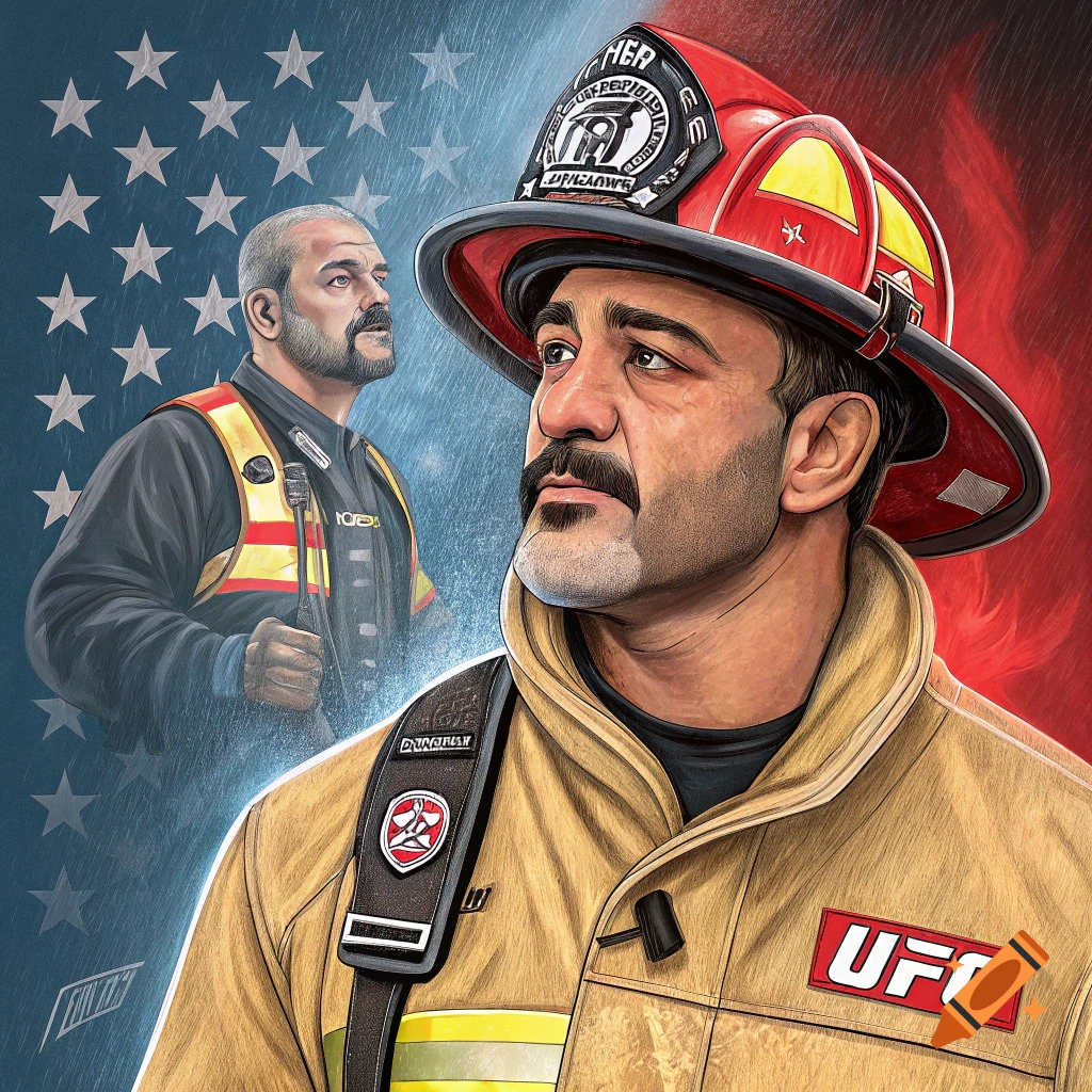A man in firefighter gear against an American flag background, with another man in a vest in the background.